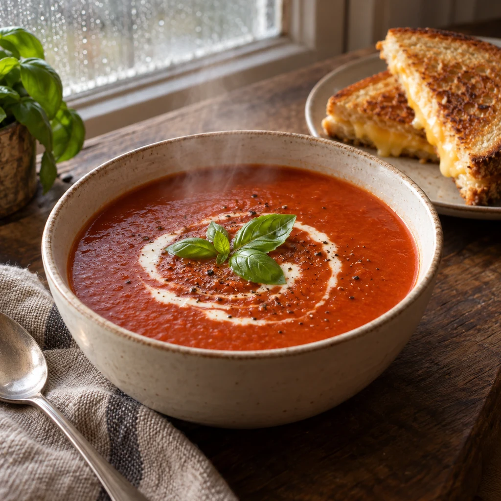 Smooth tomato basil soup with cream, basil, and grilled cheese