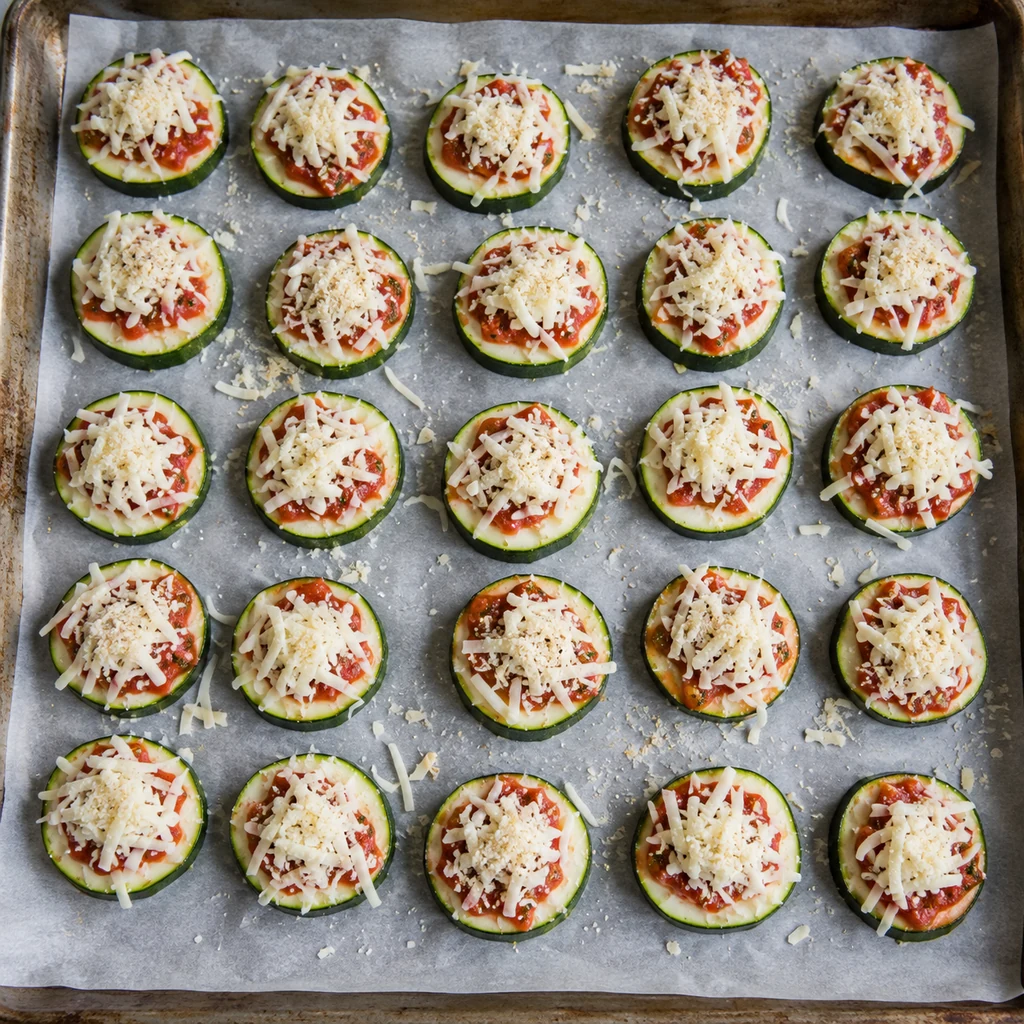 Zucchini rounds topped with marinara, mozzarella and Parmesan before baking