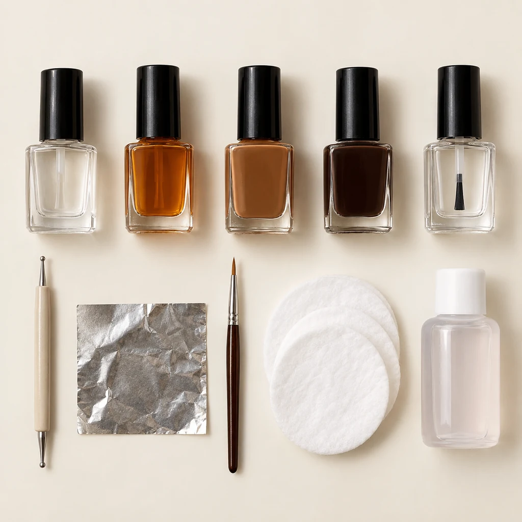 Base coat amber caramel espresso and top coat polishes with dotting and cleanup tools