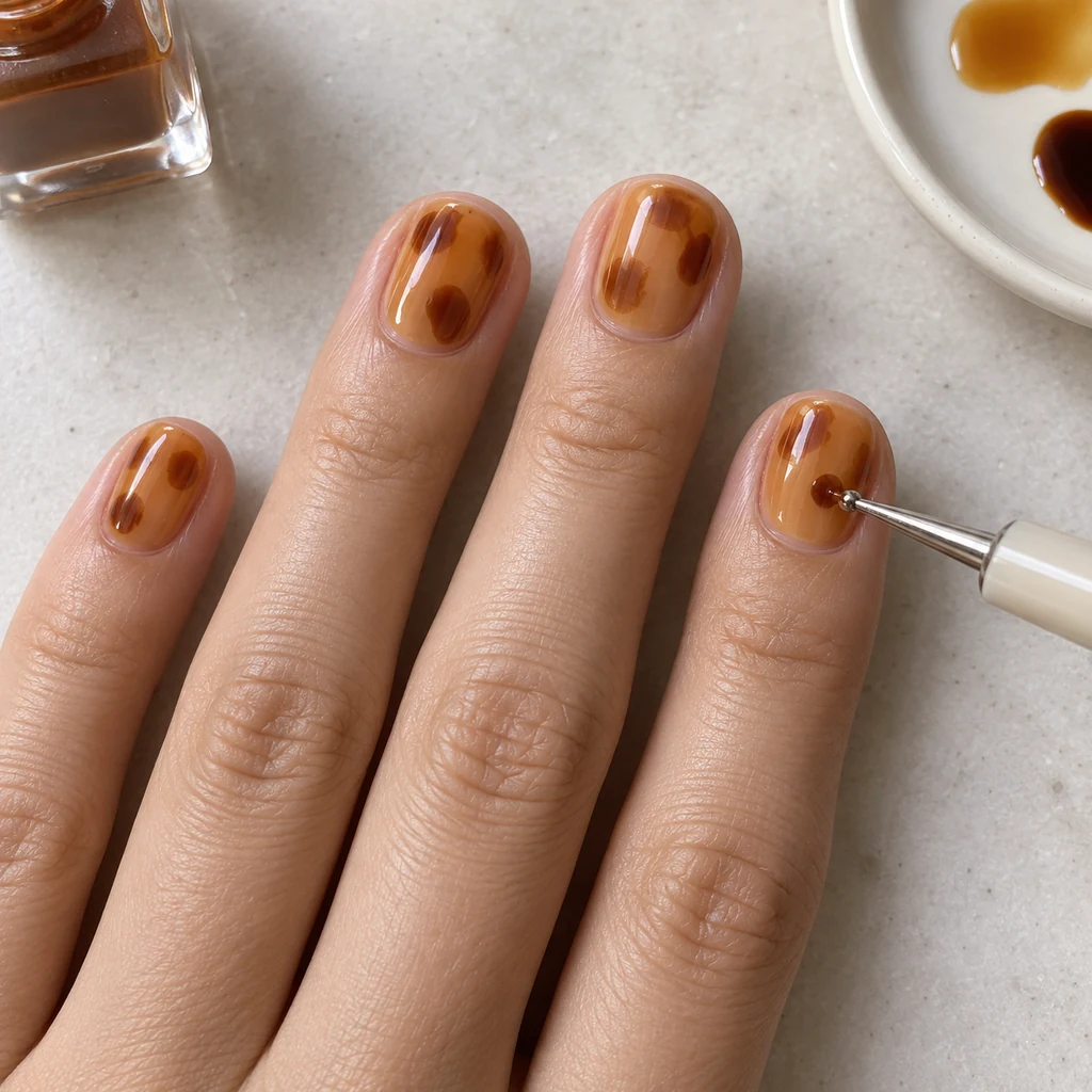Caramel patches being placed over a sheer amber regular-polish base