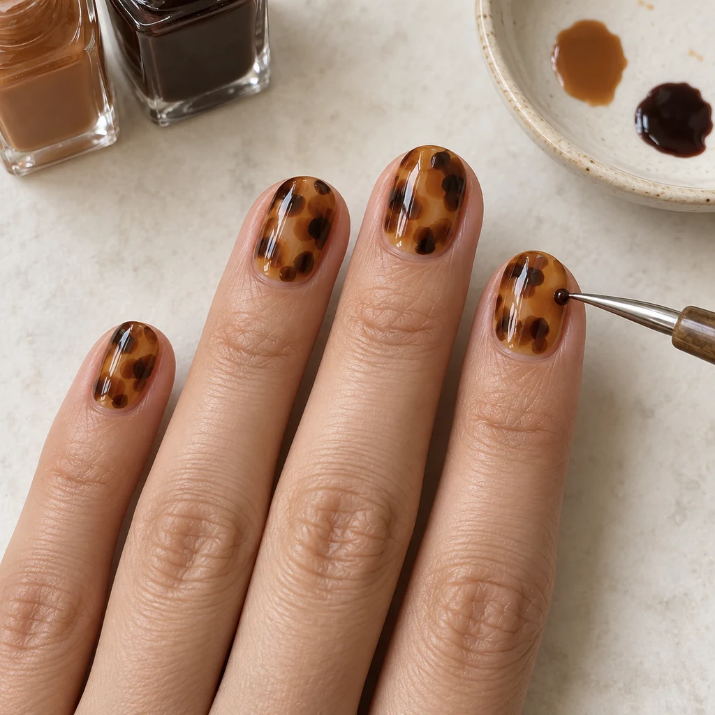 Small espresso accents being added inside layered caramel patches on short nails
