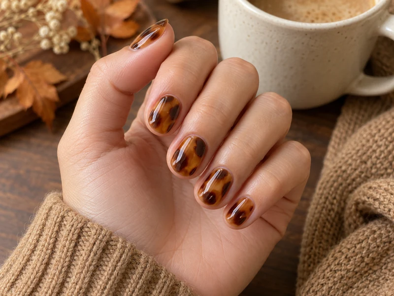 Short oval nails with glossy amber caramel and espresso tortoiseshell nail art