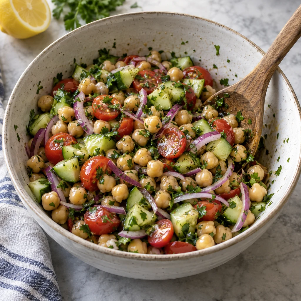 Chickpeas, cucumber, tomatoes, red onion, and parsley lightly coated in lemon dressing with a wooden spoon