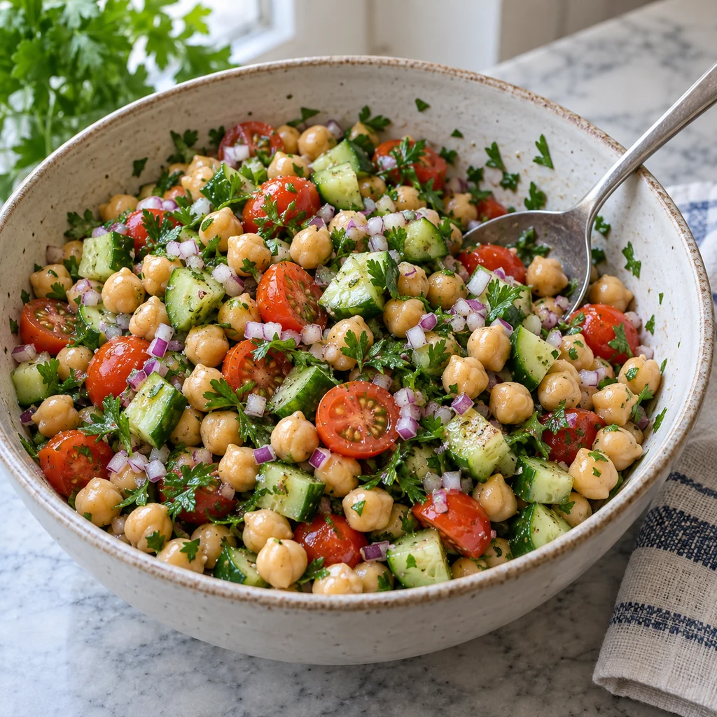 Finished chickpea salad evenly dressed and topped with fresh parsley