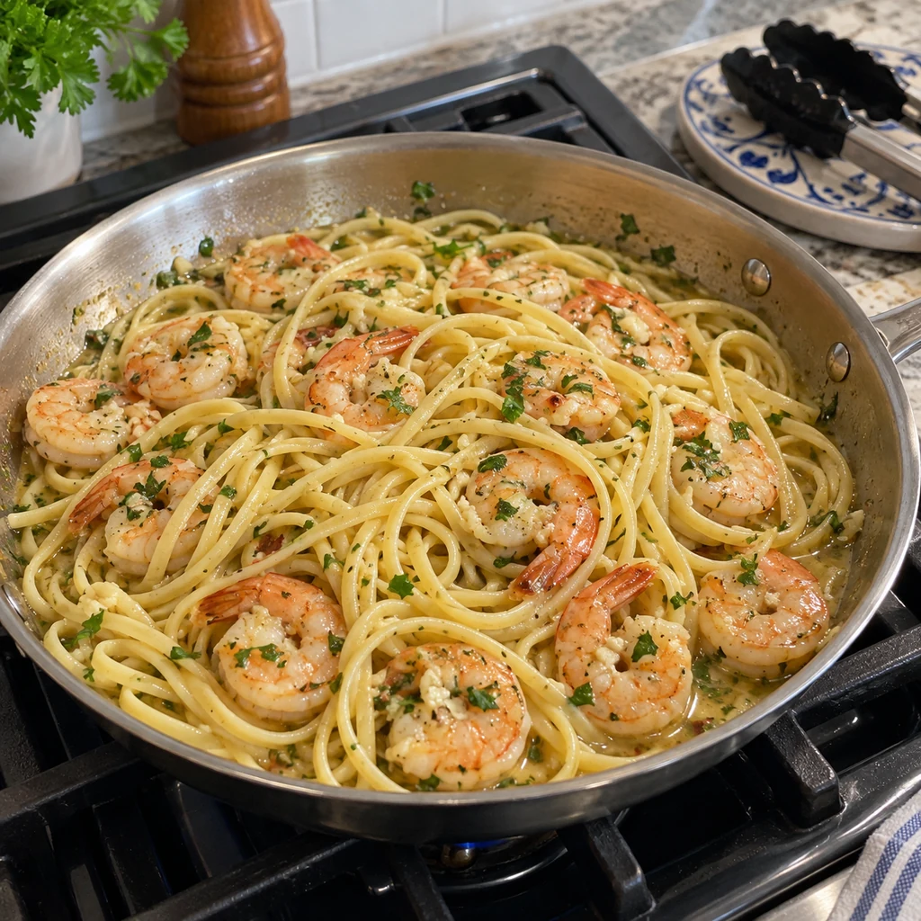Linguine and cooked shrimp coated in a glossy garlic butter sauce in a skillet