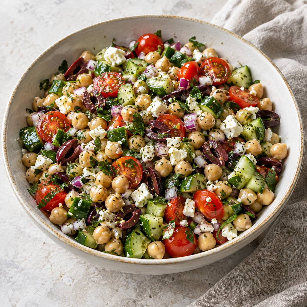 Finished Mediterranean chickpea salad coated with lemon oregano dressing