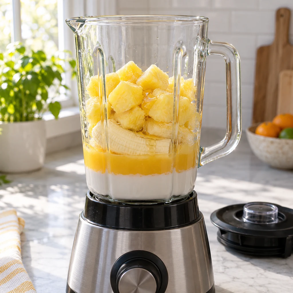 Coconut milk orange juice banana and frozen pineapple layered in an open blender