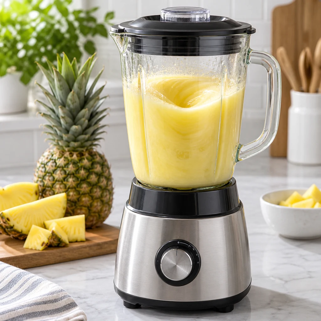 Pale golden pineapple smoothie blending with the lid securely attached