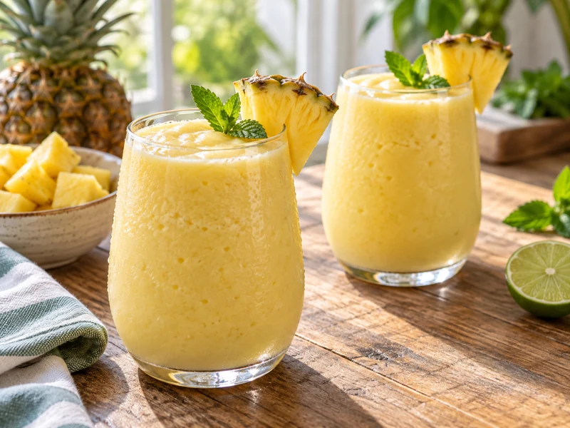 Two creamy tropical pineapple smoothies with pineapple mint and lime