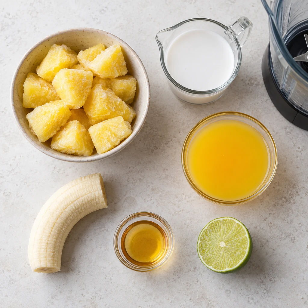 Frozen pineapple banana coconut milk orange juice lime and optional agave for a smoothie