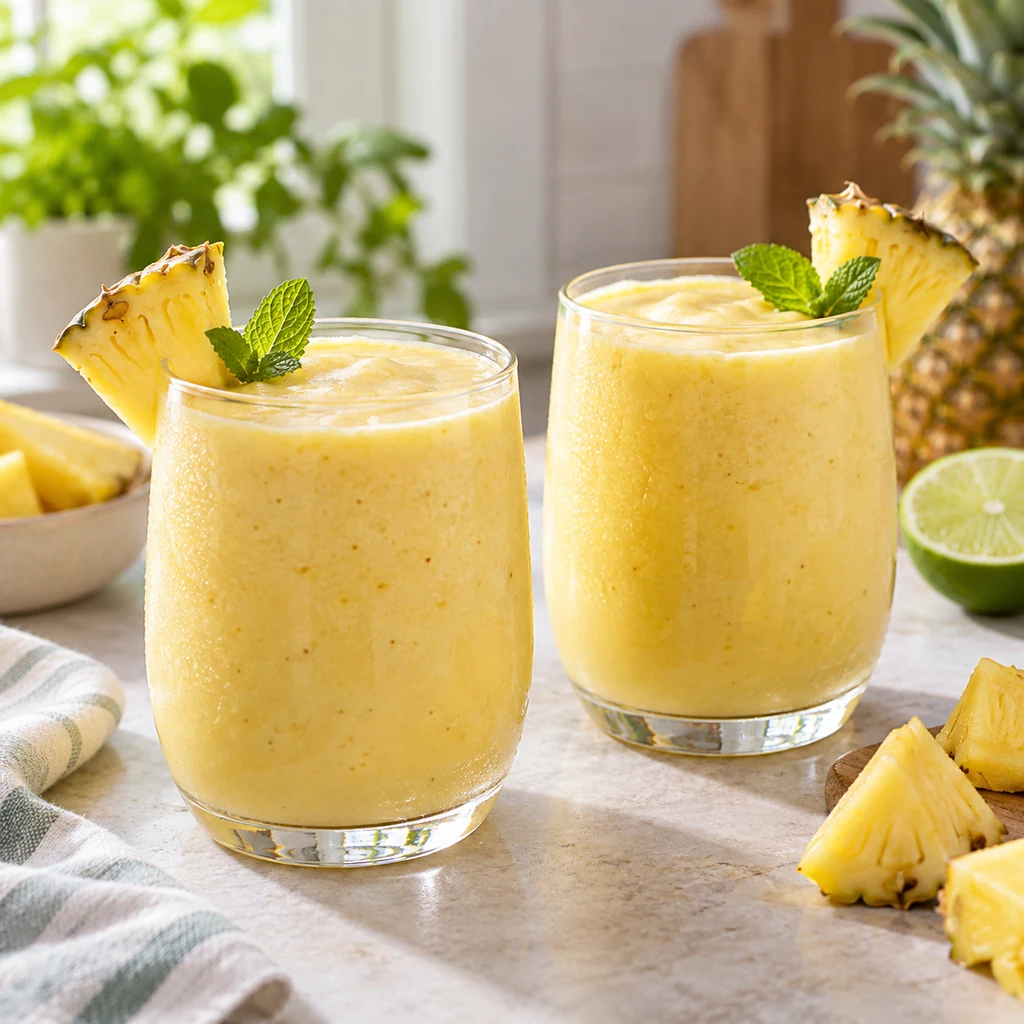 Two glasses of creamy tropical pineapple smoothie with pineapple and mint garnish