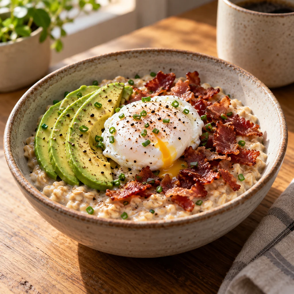 Savory oatmeal with crisp turkey bacon, avocado slices, a poached egg, and fresh herbs