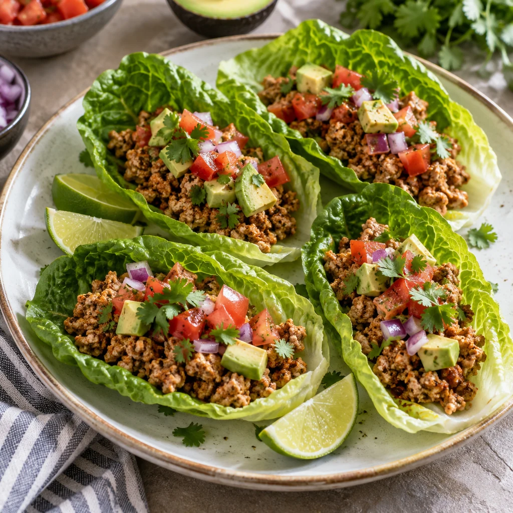 Turkey taco filling in romaine lettuce with tomato and avocado