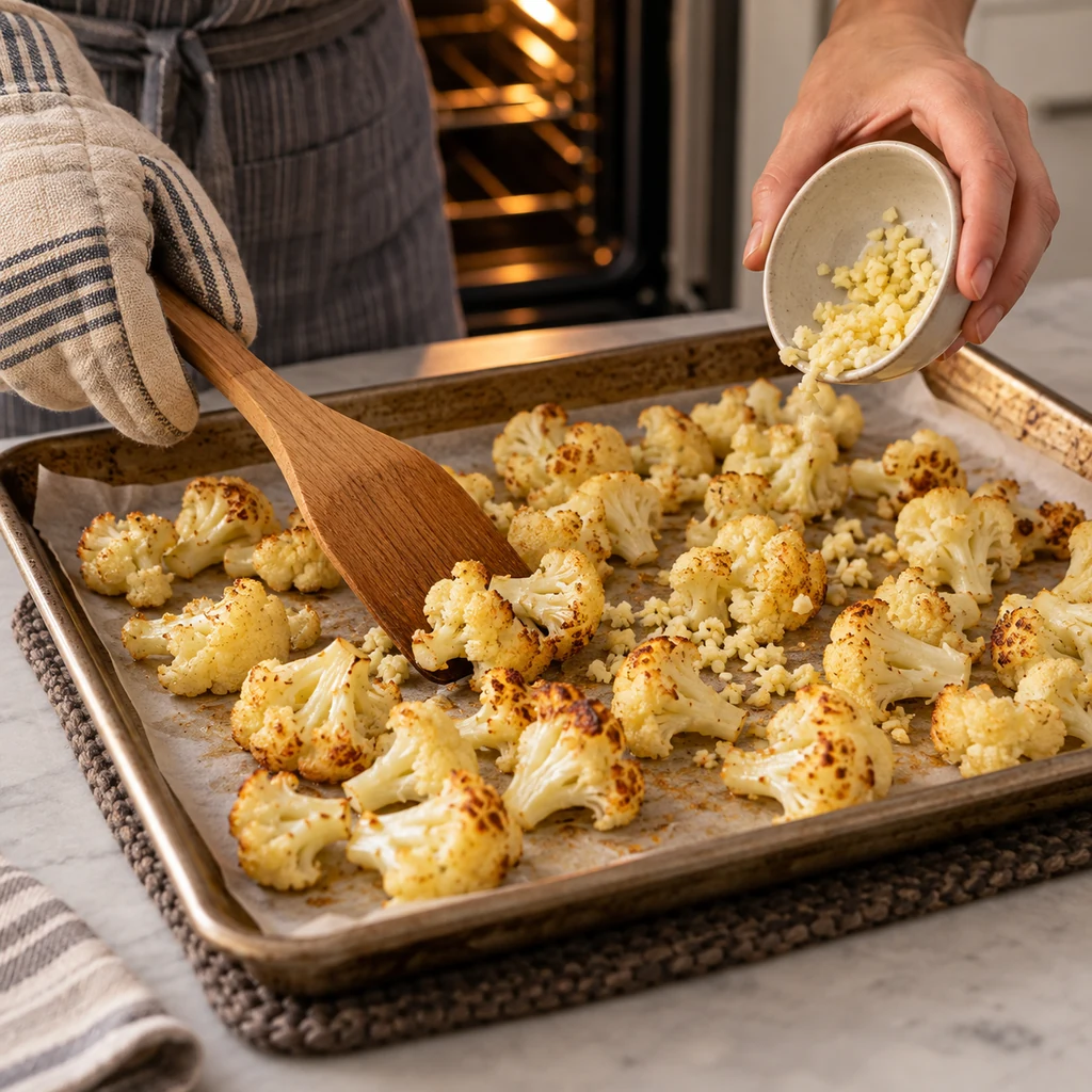 Partially roasted cauliflower being turned and sprinkled with finely minced garlic