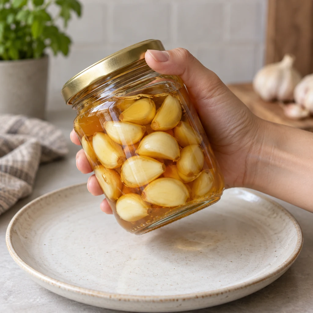 Closed jar of garlic and honey being gently turned on a clean plate during daily monitoring