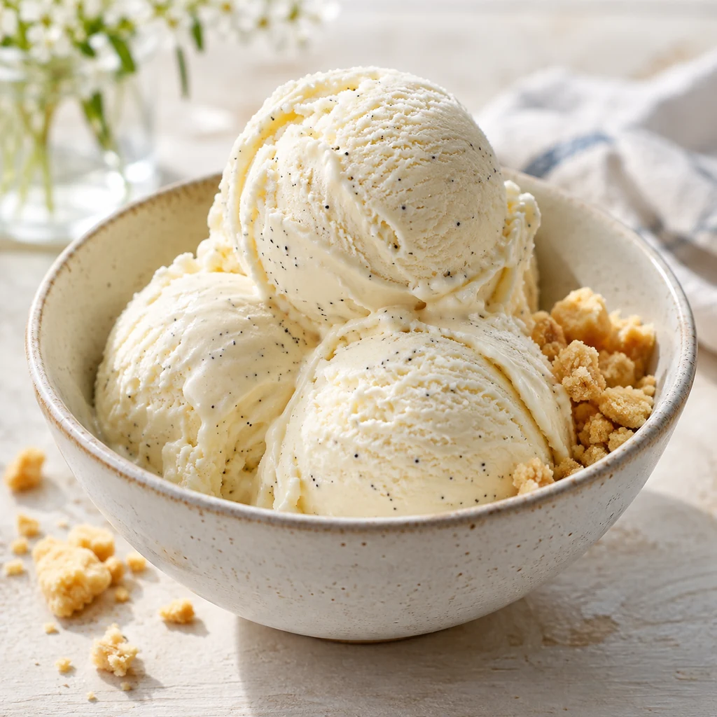 Homemade vanilla bean no-churn ice cream with shortbread crumbs