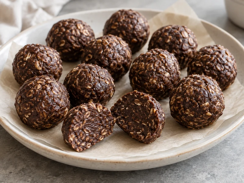 No-bake vegan chocolate date and oat bites on a plate
