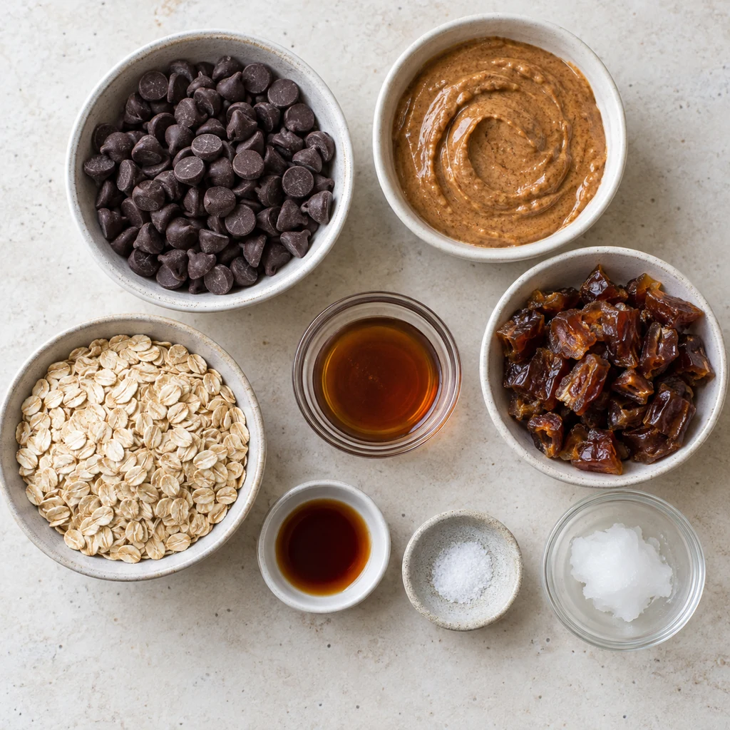 Dairy-free dark chocolate chips, almond butter, dates, oats, maple syrup, vanilla, salt, and optional coconut oil arranged in bowls