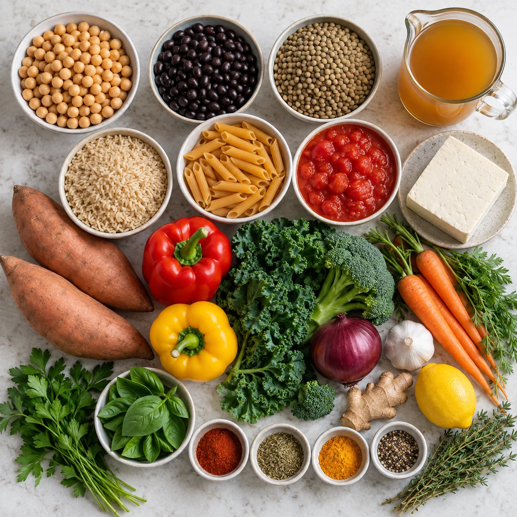Vegan dinner pantry ingredients including beans, lentils, tofu, rice, pasta, vegetables, herbs, and spices