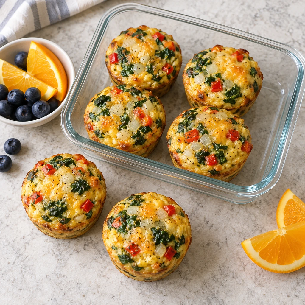 Baked gluten-free egg muffins with spinach, bell pepper, onion, and cheese in a meal prep container