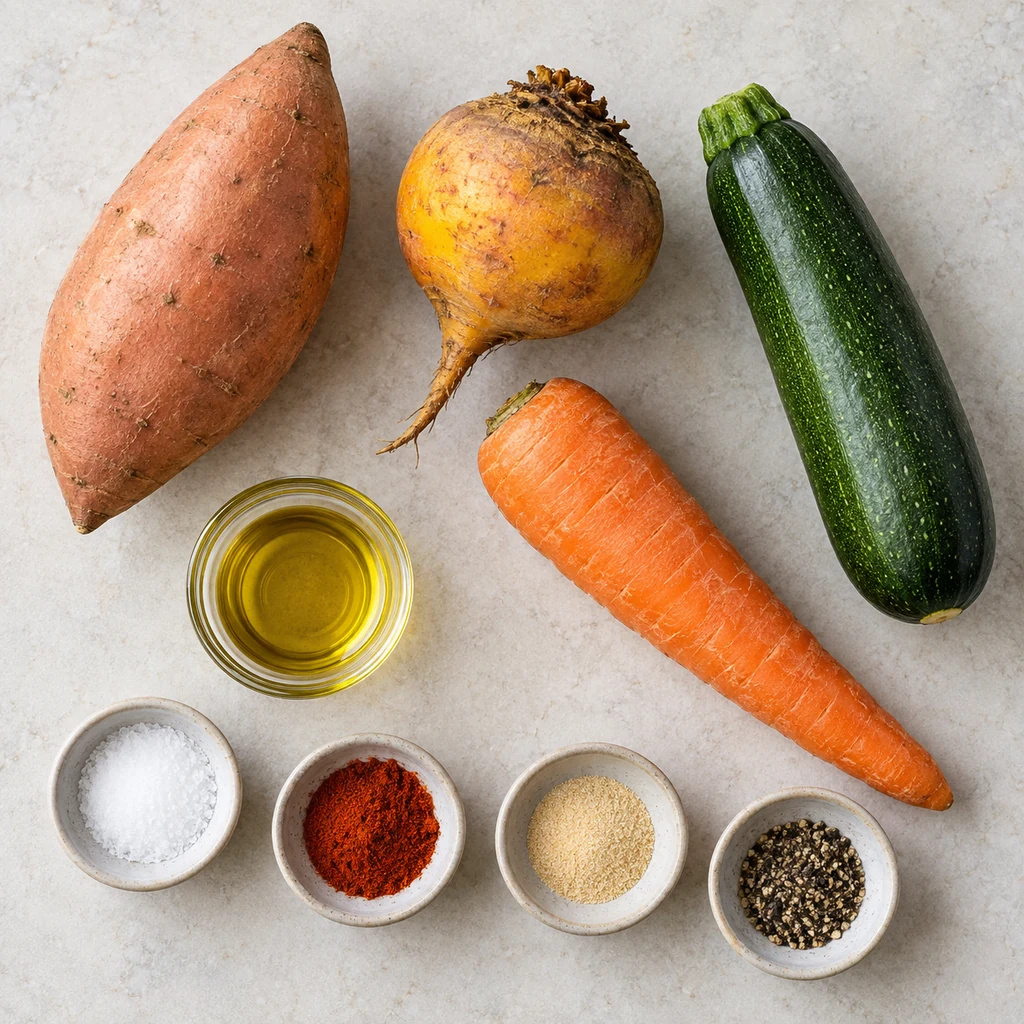 Sweet potato, golden beet, zucchini, carrot, olive oil, salt, smoked paprika, garlic powder and black pepper