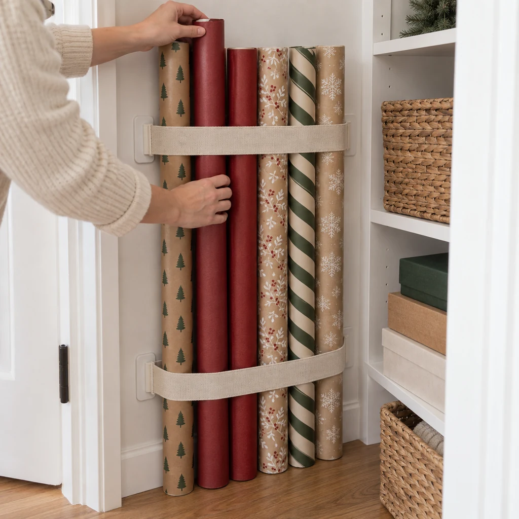 Six wrapping paper rolls secured upright with two fabric straps