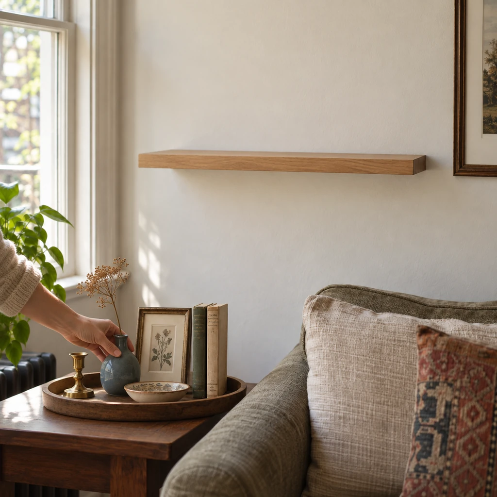 Vintage vase, brass candlestick, dish, botanical print, and two books sorted below one empty wall shelf