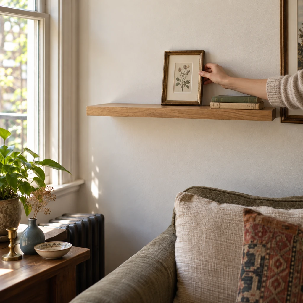 Two old books and a small botanical print placed on one wall shelf while vase, dish, and candlestick wait below