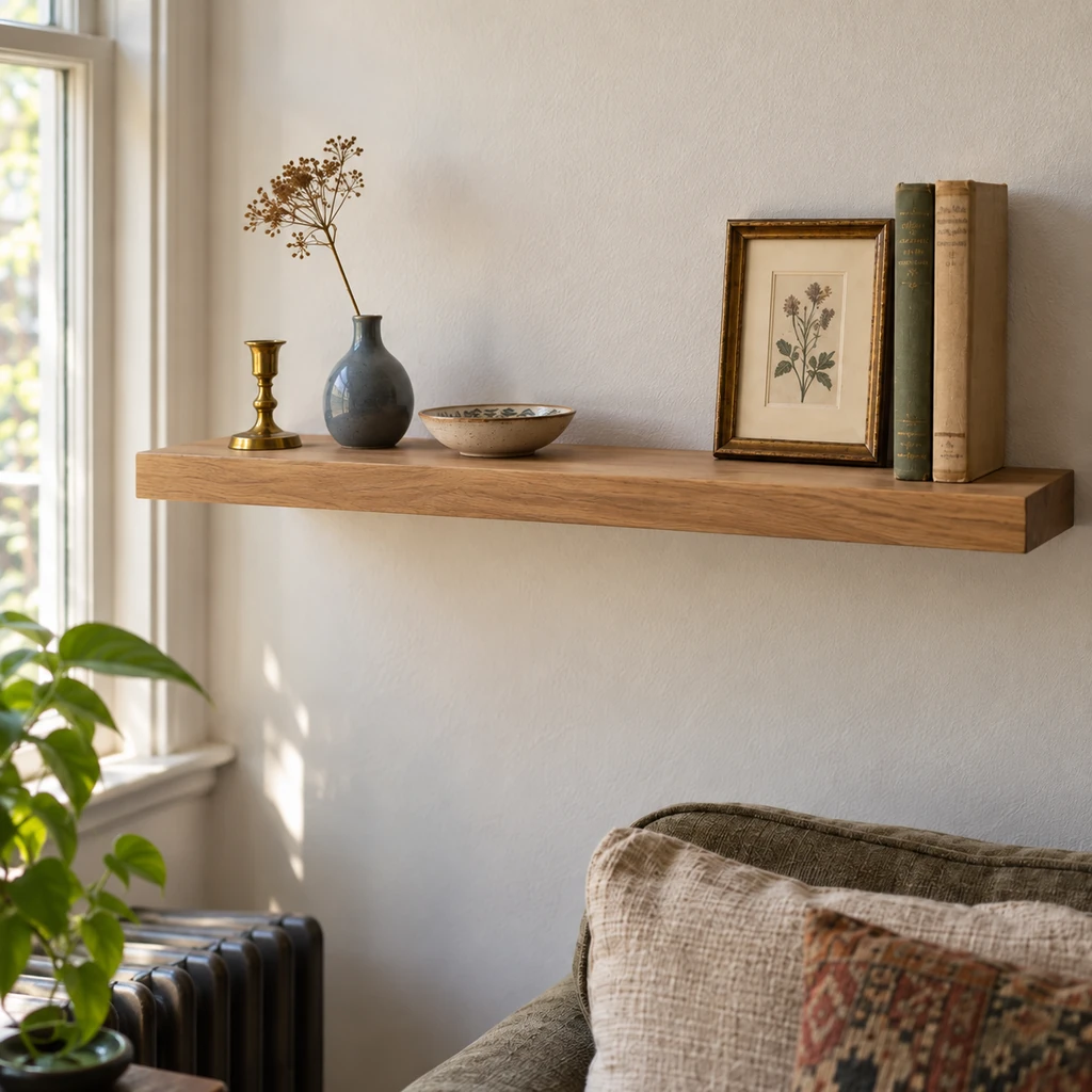 Finished vintage trinket shelf with brass candlestick, blue vase, shallow dish, framed botanical print, two books, and visible gaps