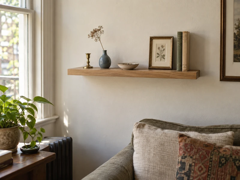 One oak wall shelf styled with a vintage brass candlestick, blue vase, dish, botanical print, and two books