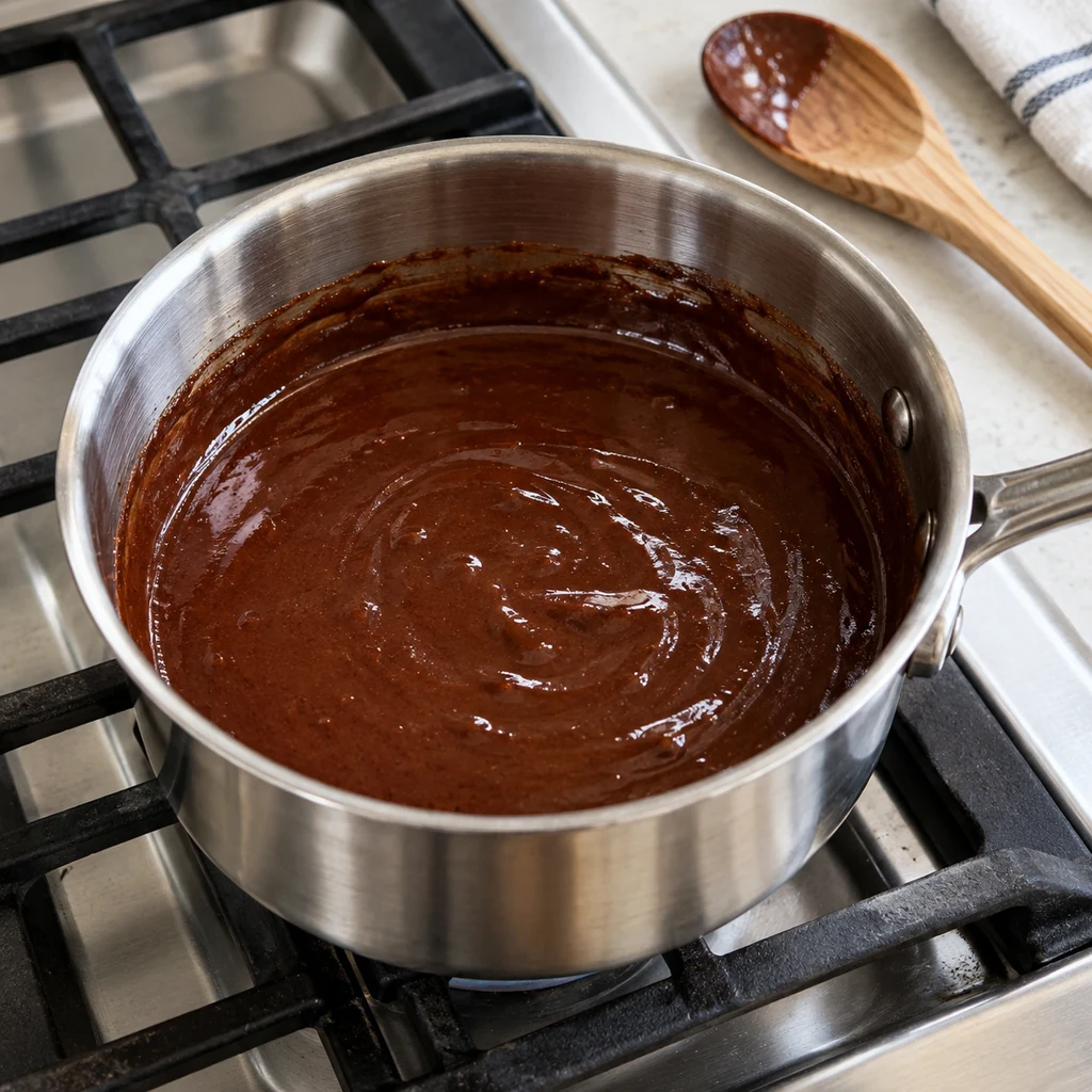 Smooth cocoa, peanut butter, maple syrup, and coconut oil mixture in a saucepan