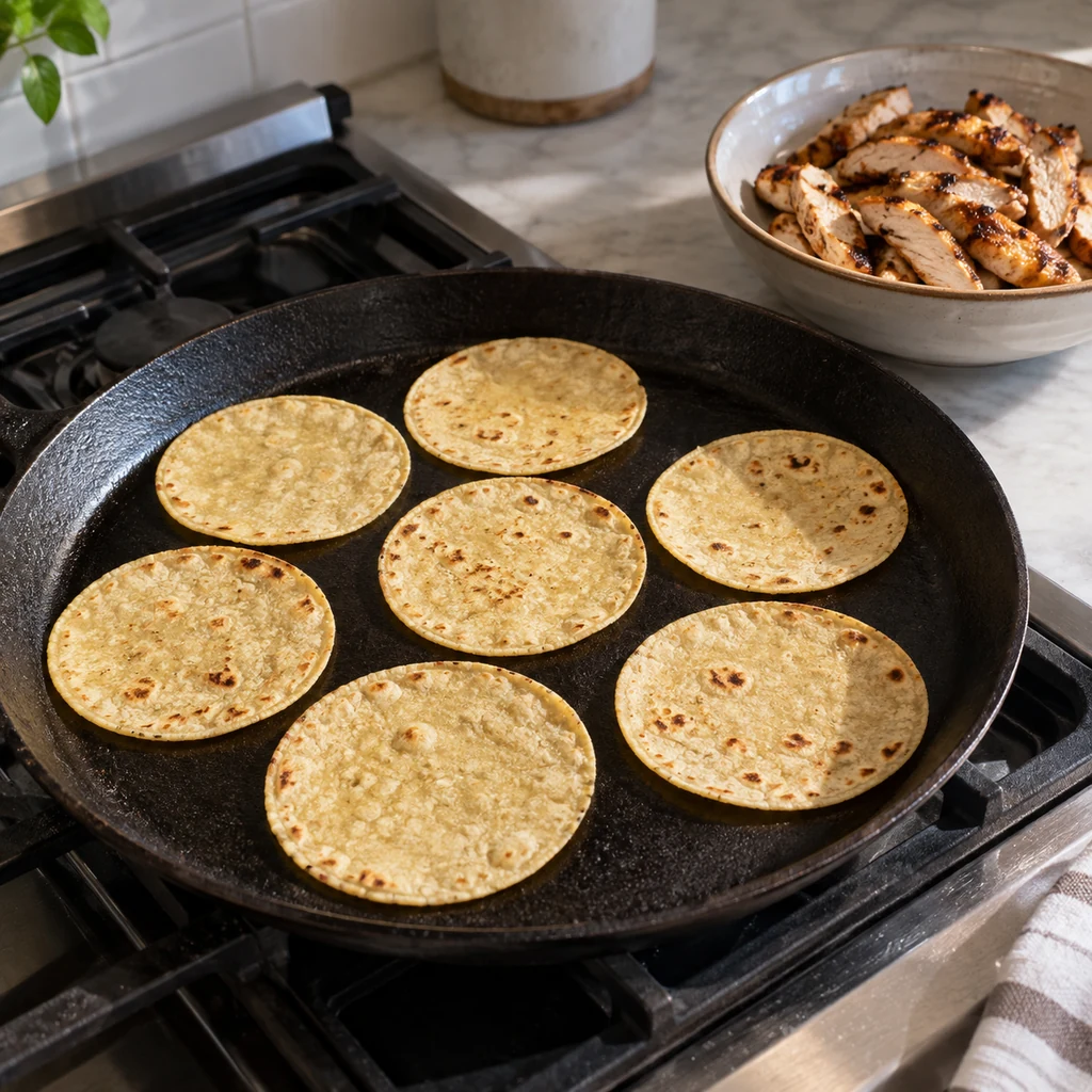 Small corn tortillas warming in a dry skillet beside cooked grilled chicken