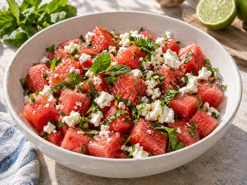 Finished watermelon feta mint salad with lime dressing in a serving bowl