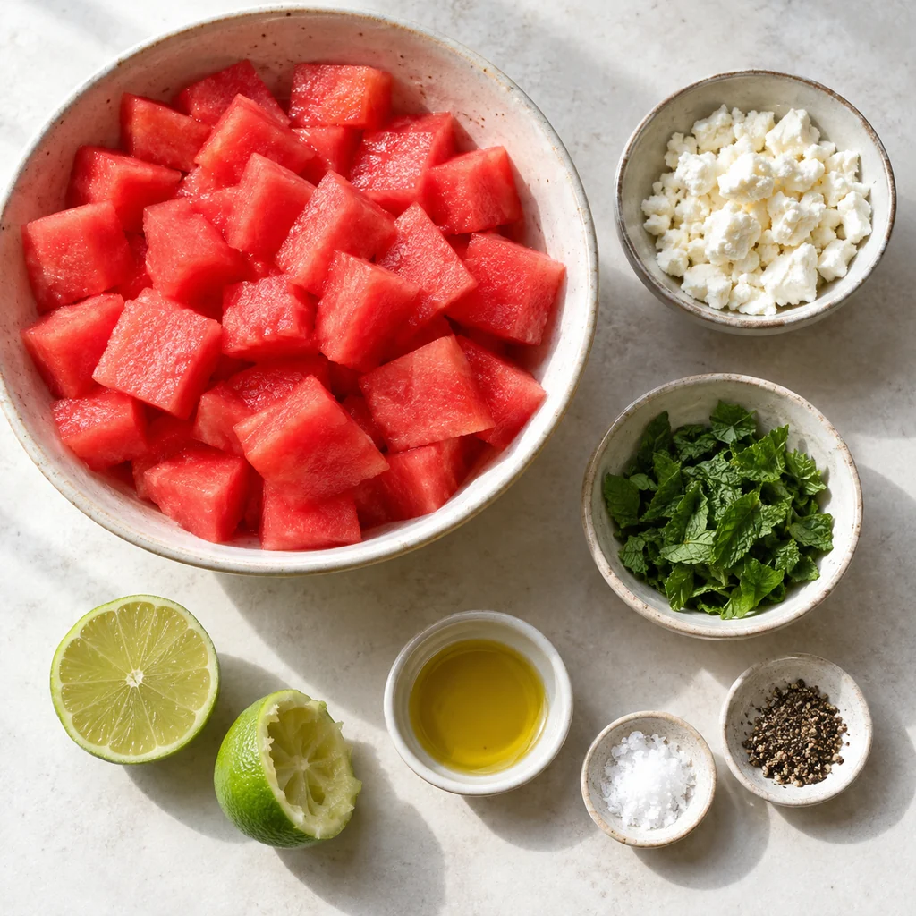 Cubed watermelon, feta, mint, lime, olive oil, salt and pepper for a summer salad