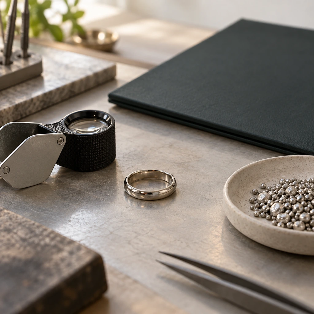 Wedding ring beside a jeweler loupe, metal granules, and a closed blank document folder