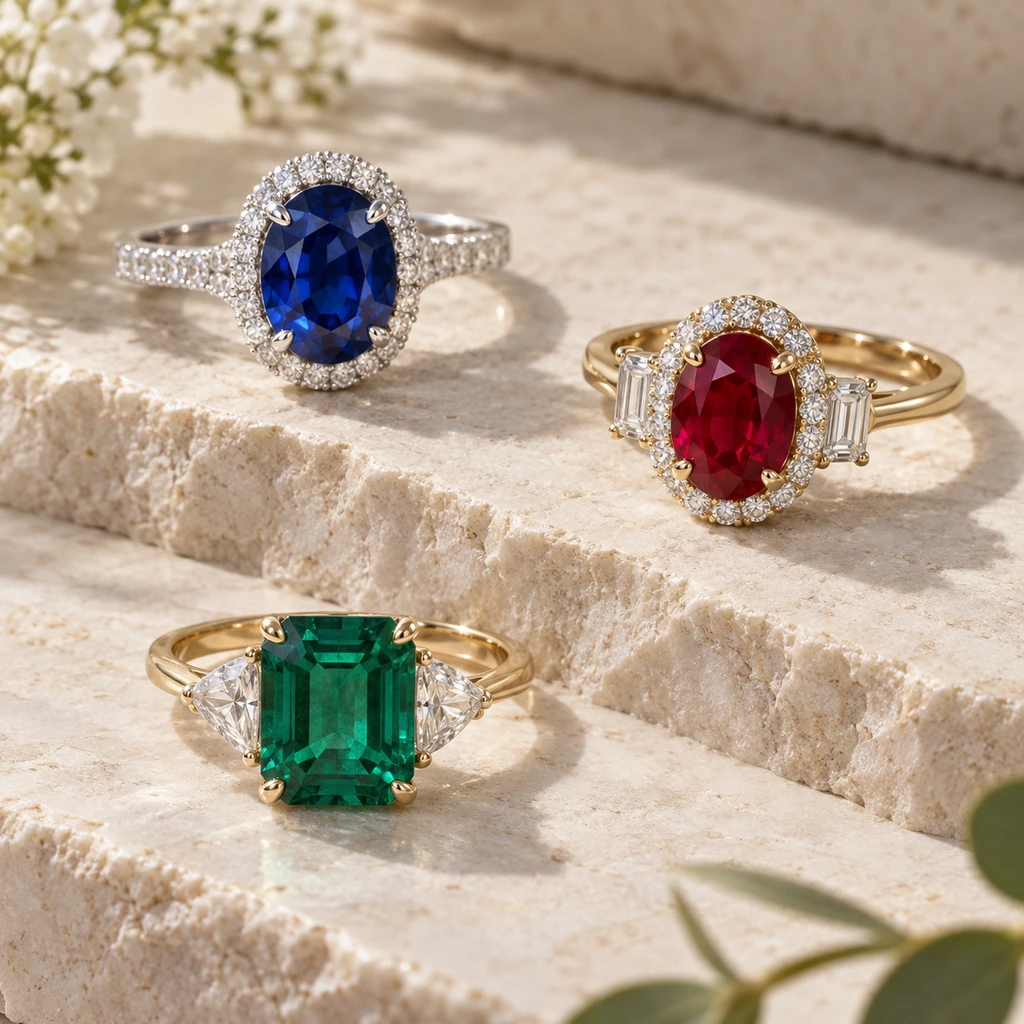 Blue, red, and green colored gemstone rings arranged on cream stone