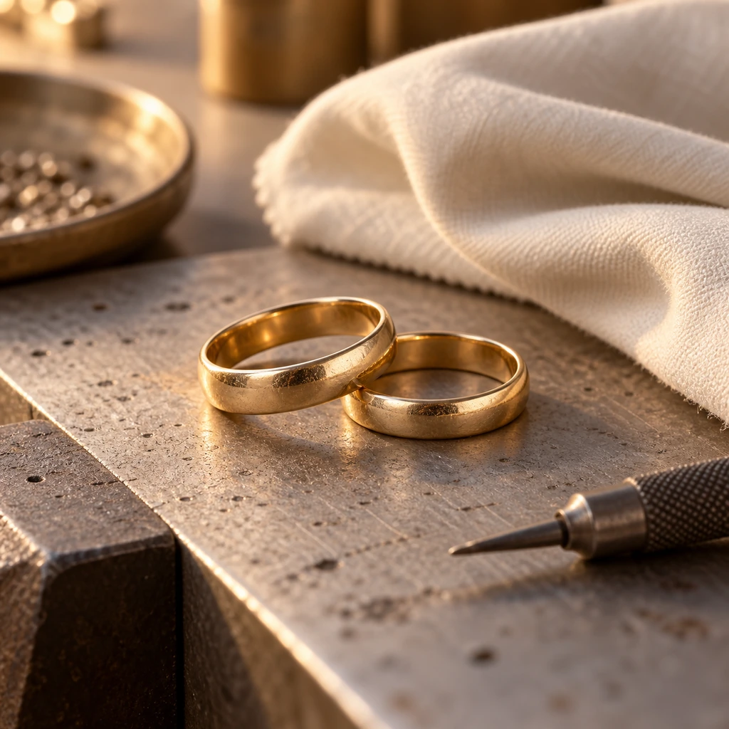 Two plain gold wedding bands in a jeweler workspace beside an engraving tool