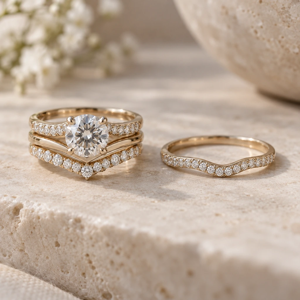 Solitaire engagement ring fitted with contour bands and an alternate band beside it