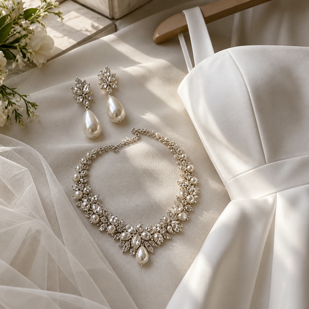 Pearl drop earrings and a statement necklace styled beside an ivory wedding dress