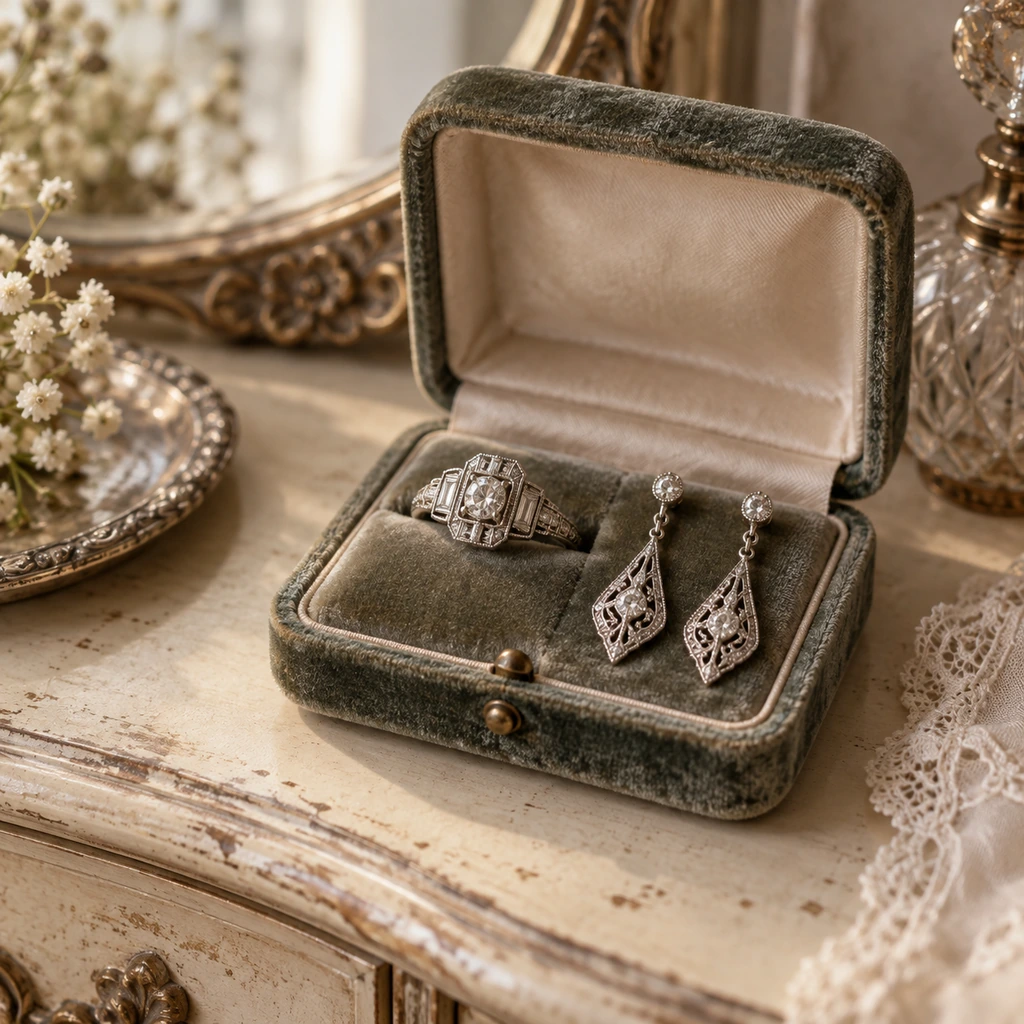 Art Deco inspired ring and filigree earrings in a plain velvet jewelry box