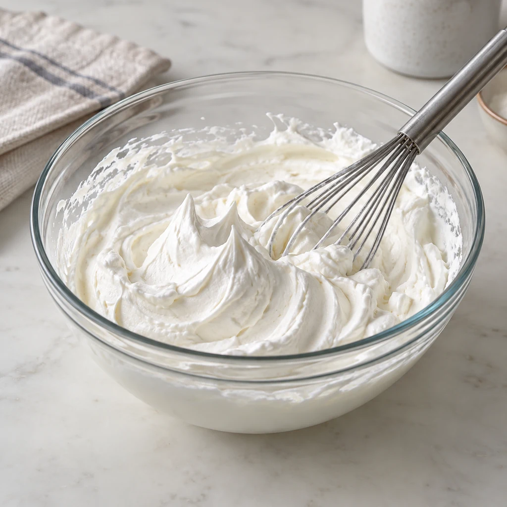 Cold heavy cream whipped to stiff peaks for no-churn ice cream