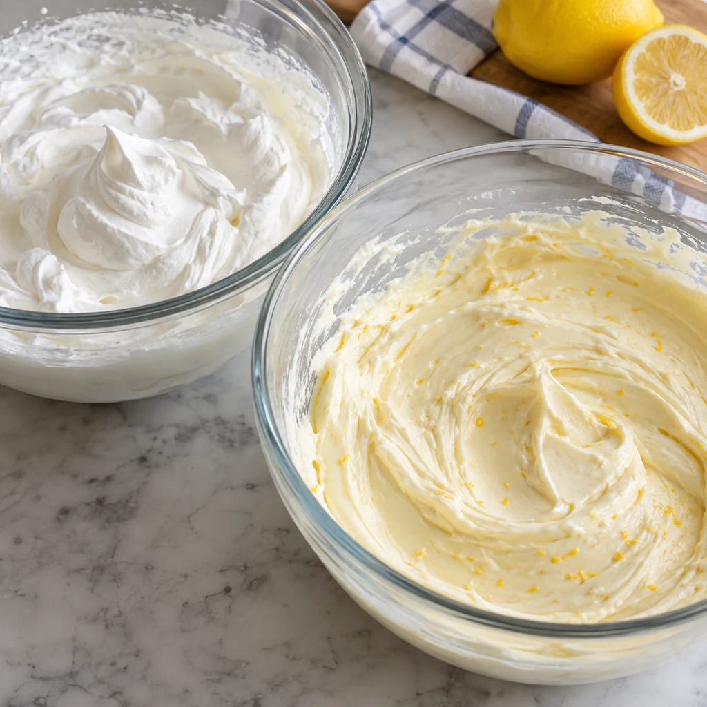 Whipped cream beside a smooth lemon cream cheese mixture before folding