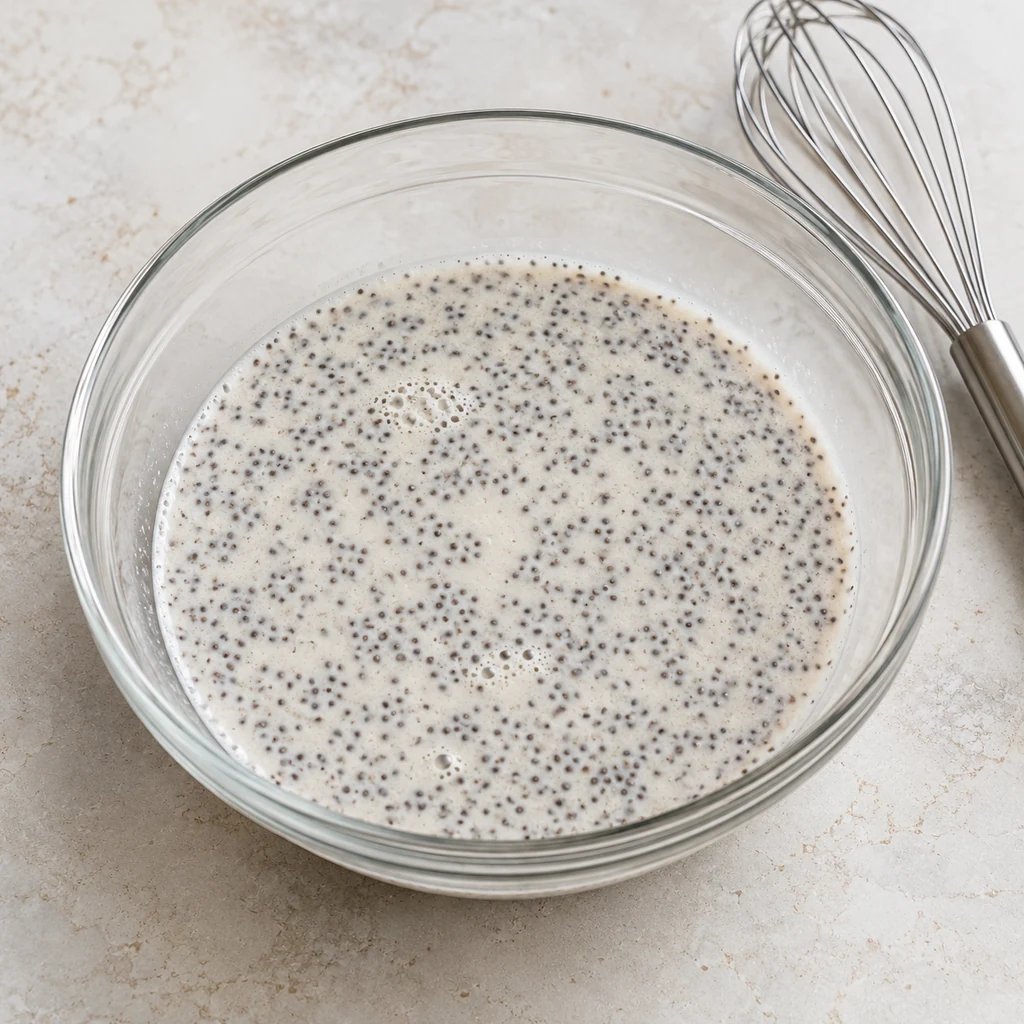 Freshly whisked almond milk and black chia seeds in a clear glass bowl