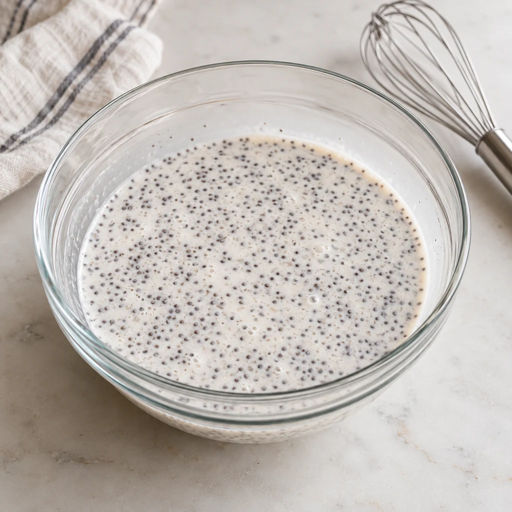 Coconut milk and black chia seeds freshly mixed in a clear glass bowl