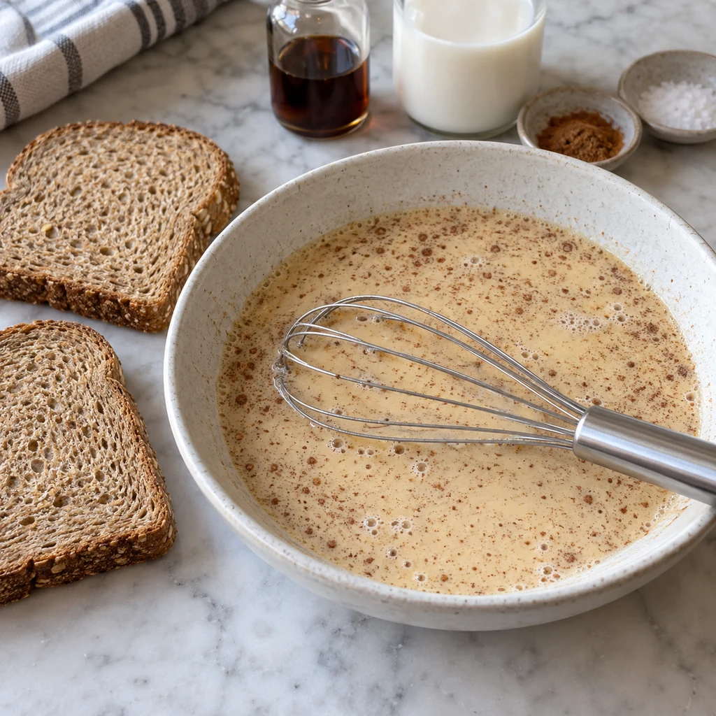 Egg, almond milk, vanilla, cinnamon, and salt whisked in a shallow dish