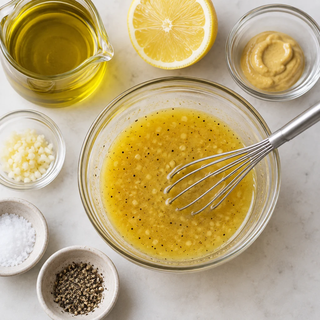 Lemon Dijon vinaigrette with olive oil, garlic, salt and pepper in a clear bowl