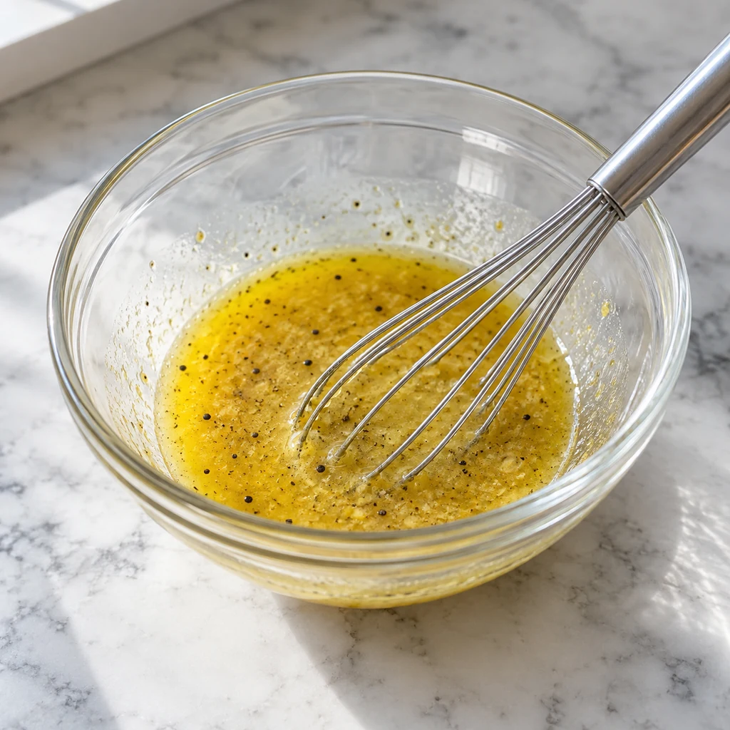 Golden lemon and olive oil dressing with mustard and pepper being whisked in a clear bowl