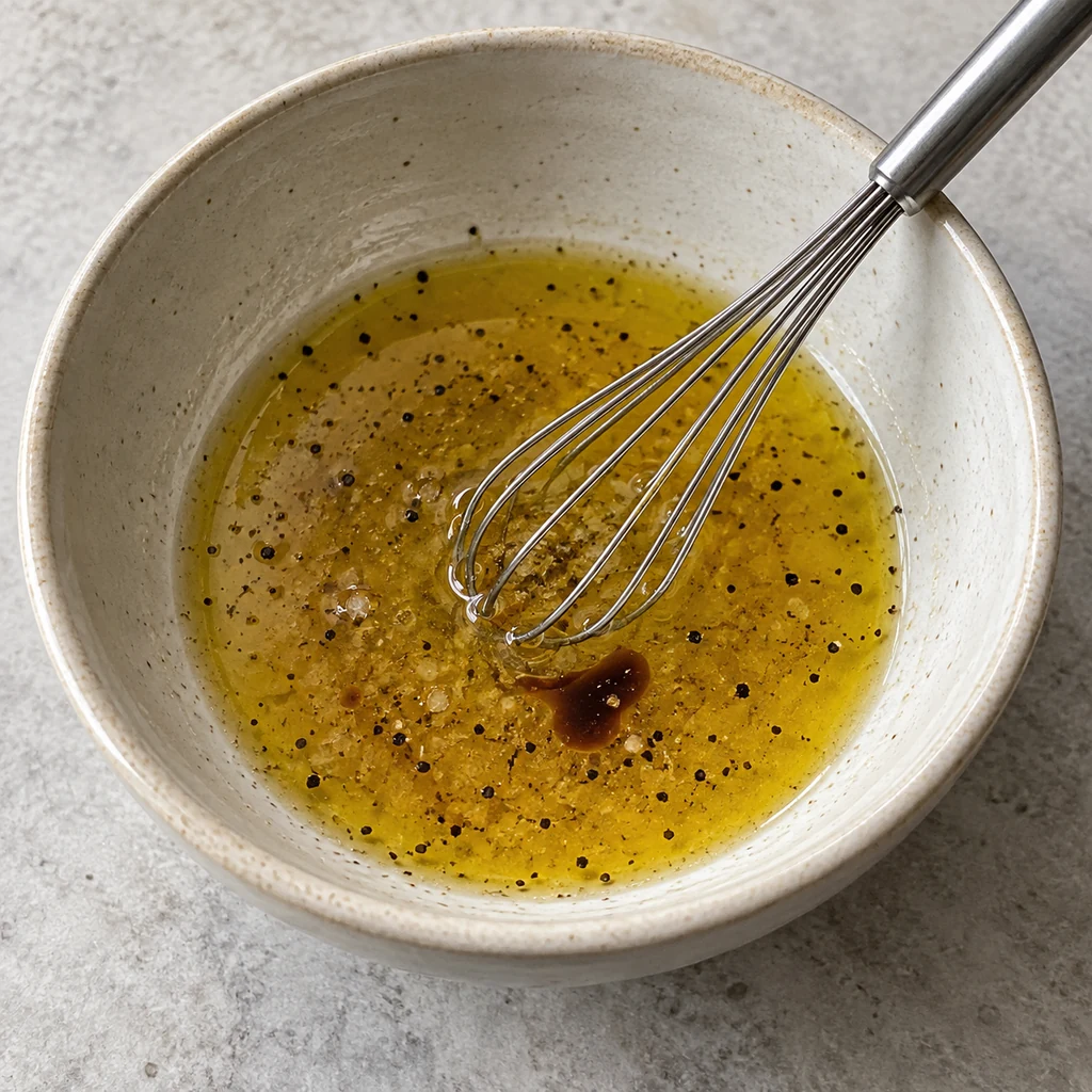 Olive oil, lemon juice, optional balsamic vinegar, salt, and pepper whisked in a small bowl