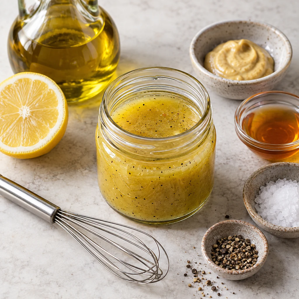 Fresh lemon dressing whisked with olive oil, Dijon mustard, maple syrup, salt, and black pepper