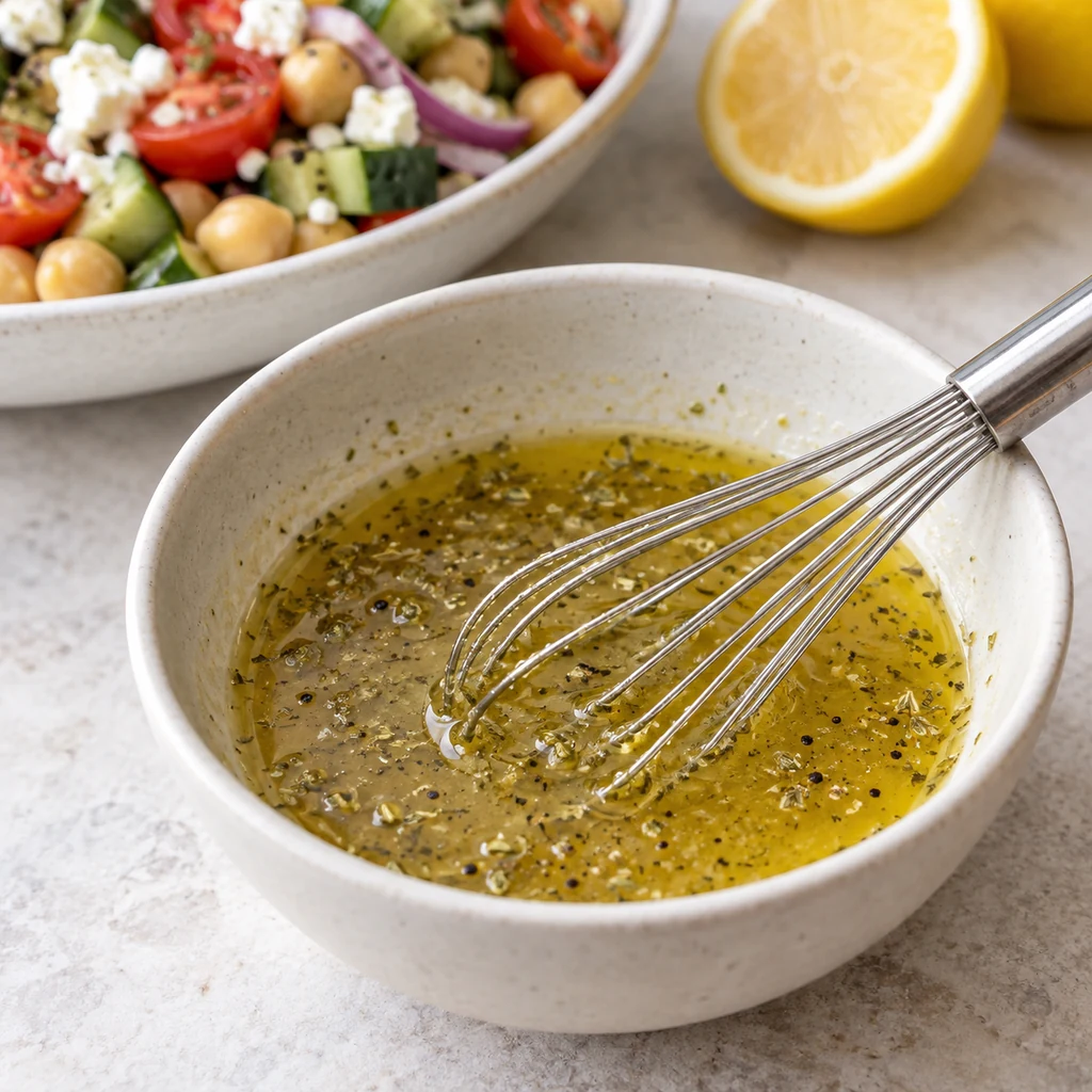 Lemon juice, olive oil, oregano, salt and pepper whisked in a small bowl